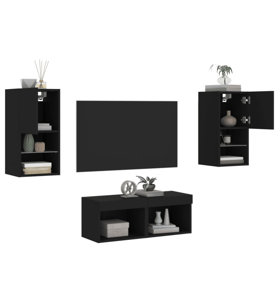 Meuble TV mural 4 pcs avec lumières LED noir