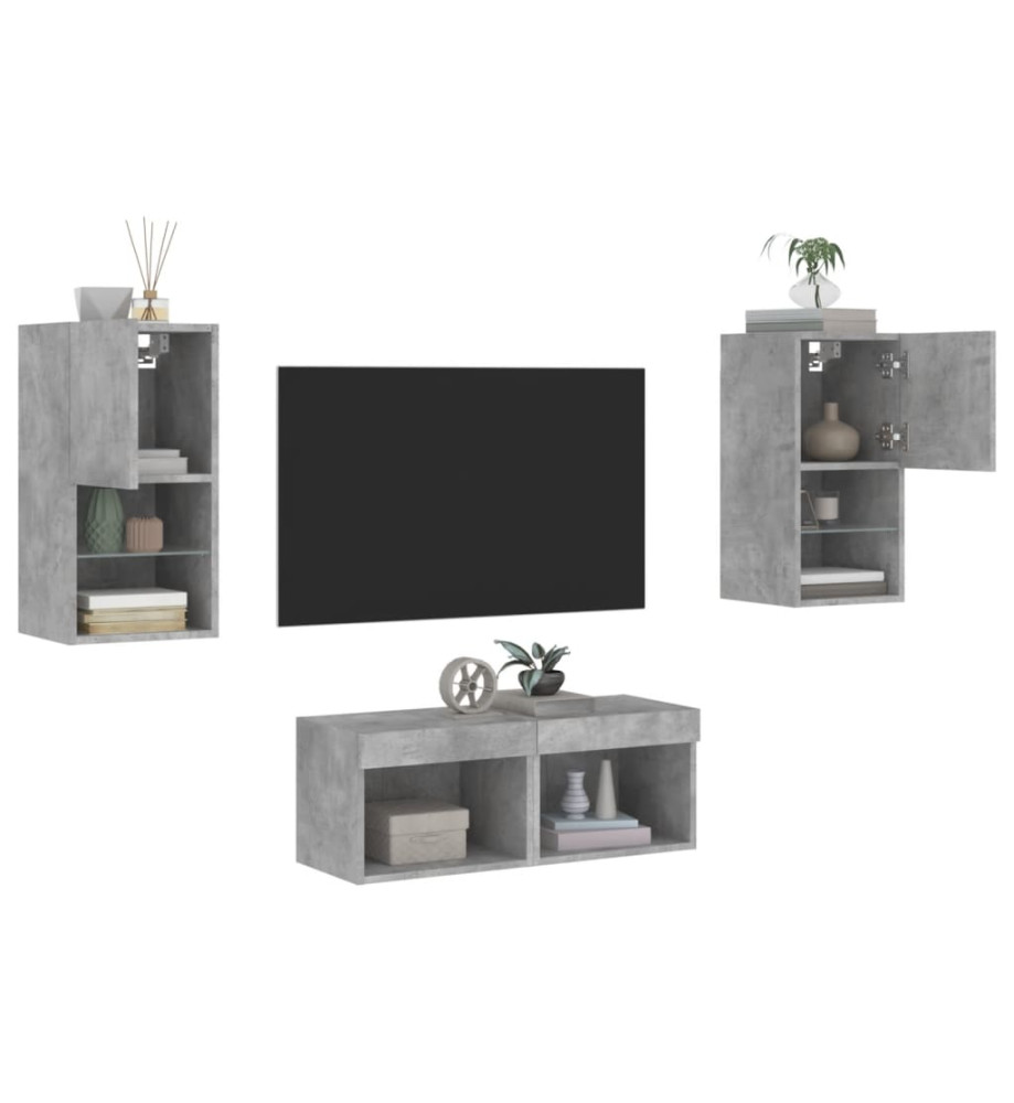 Meuble TV mural 4 pcs avec lumières LED gris béton