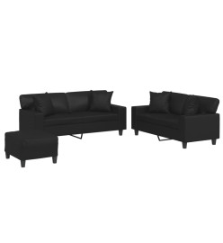 Ensemble de canapés 3 pcs avec coussins noir similicuir