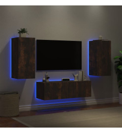 Meuble TV mural 3 pcs avec lumières LED chêne fumé