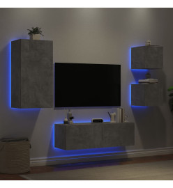 Meuble TV mural 4 pcs avec lumières LED gris béton