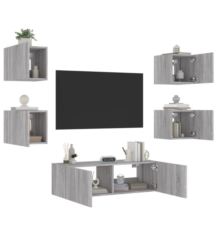 Meuble TV mural 5 pcs avec lumières LED sonoma gris