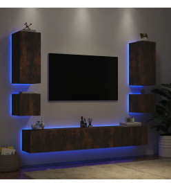 Meuble TV mural 6 pcs avec lumières LED chêne fumé