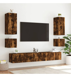 Meuble TV mural 6 pcs avec lumières LED chêne fumé