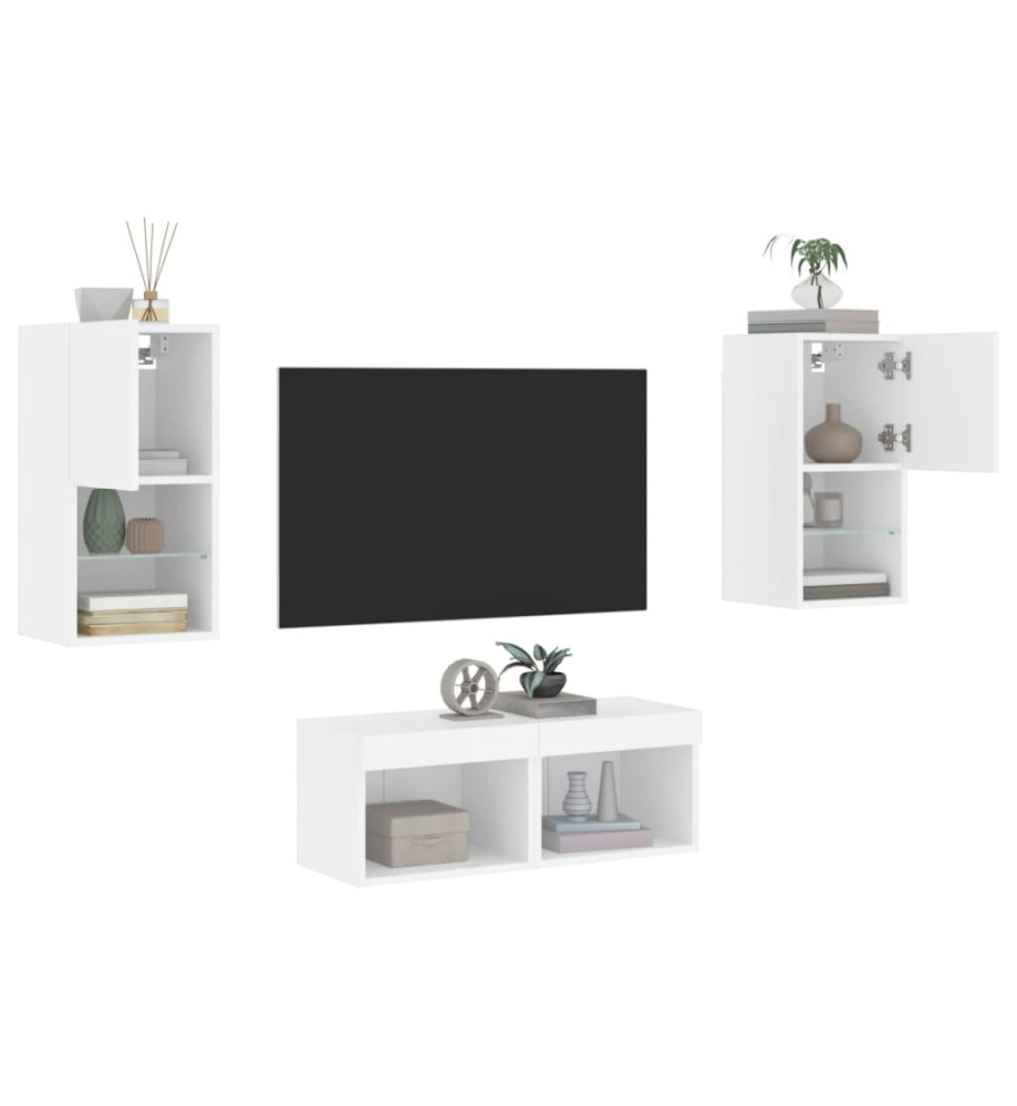 Meuble TV mural 4 pcs avec lumières LED blanc