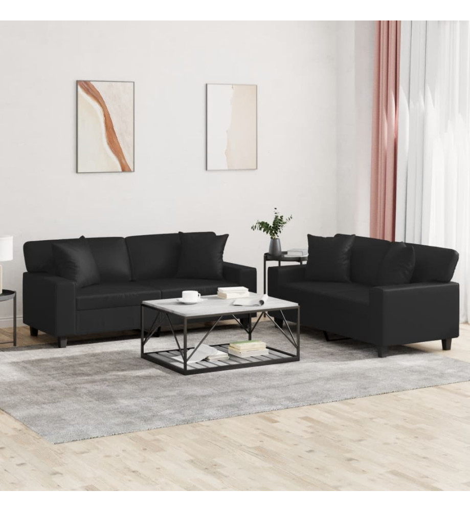 Ensemble de canapés 2 pcs avec coussins noir similicuir