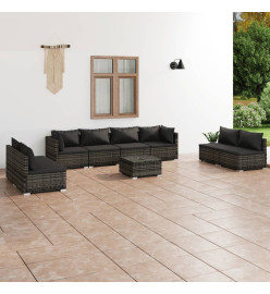 Salon de jardin 9 pcs avec coussins Résine tressée Gris
