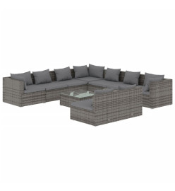 Salon de jardin 10 pcs avec coussins Gris Résine tressée