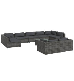 Salon de jardin 10 pcs avec coussins Gris Résine tressée