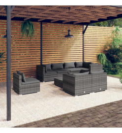 Salon de jardin 9 pcs avec coussins Résine tressée Gris