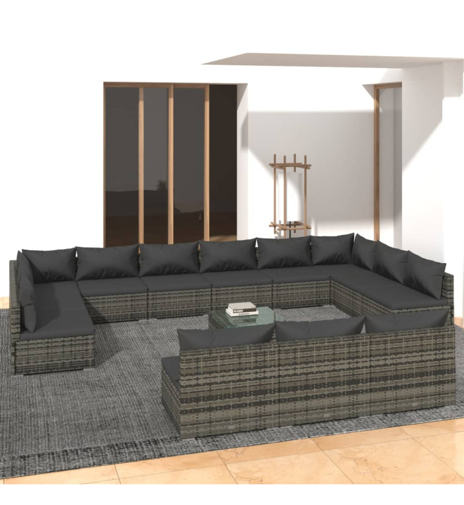 Salon de jardin 14 pcs avec coussins Gris Résine tressée Salon de jardin 14 pcs avec coussins Gris Résine tressée