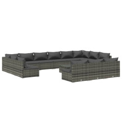 Salon de jardin 14 pcs avec coussins Gris Résine tressée
