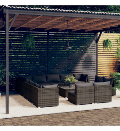 Salon de jardin 14 pcs avec coussins Gris Résine tressée