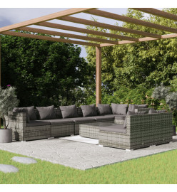 Salon de jardin 9 pcs avec coussins Gris Résine tressée