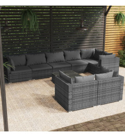 Salon de jardin 9 pcs avec coussins Gris Résine tressée