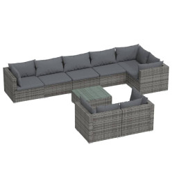 Salon de jardin 9 pcs avec coussins Gris Résine tressée