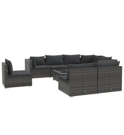 Salon de jardin 9 pcs avec coussins Résine tressée Gris