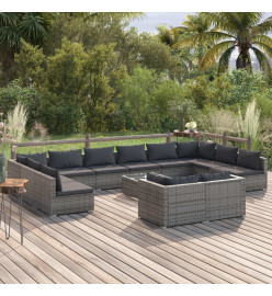 Salon de jardin 13 pcs avec coussins Gris Résine tressée