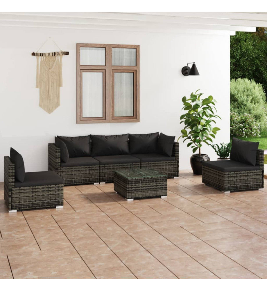 Salon de jardin 6 pcs avec coussins Résine tressée Gris Salon de jardin 6 pcs avec coussins Résine tressée Gris