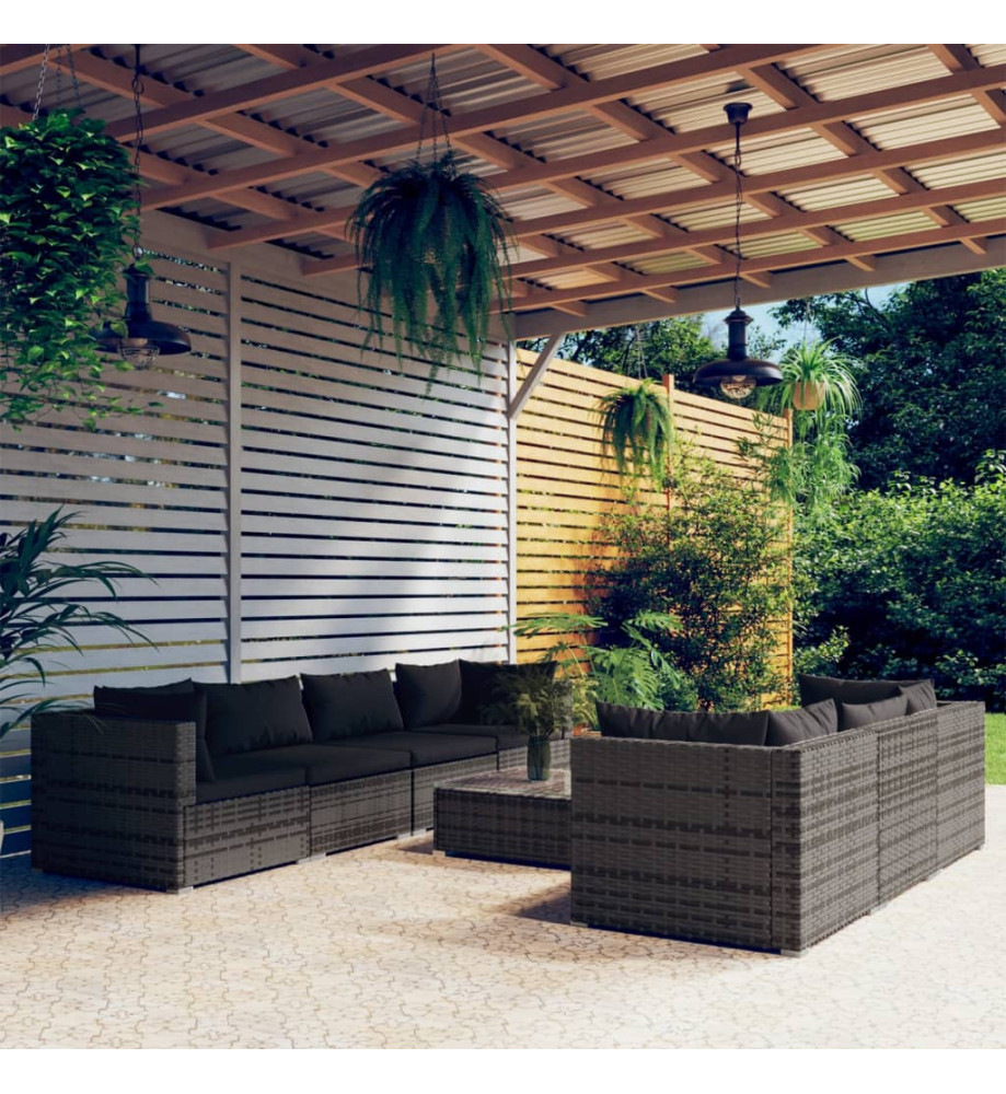 Salon de jardin 8 pcs avec coussins résine tressée gris Salon de jardin 8 pcs avec coussins résine tressée gris