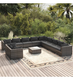 Salon de jardin 12 pcs avec coussins Gris Résine tressée
