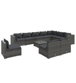 Salon de jardin 11 pcs avec coussins Résine tressée Gris