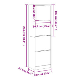 Armoire à chaussures 4 tiroirs rabattables chêne 60x42x204 cm