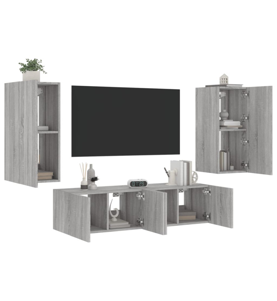 Unités murales TV avec LED 4 pcs gris sonoma bois d'ingénierie