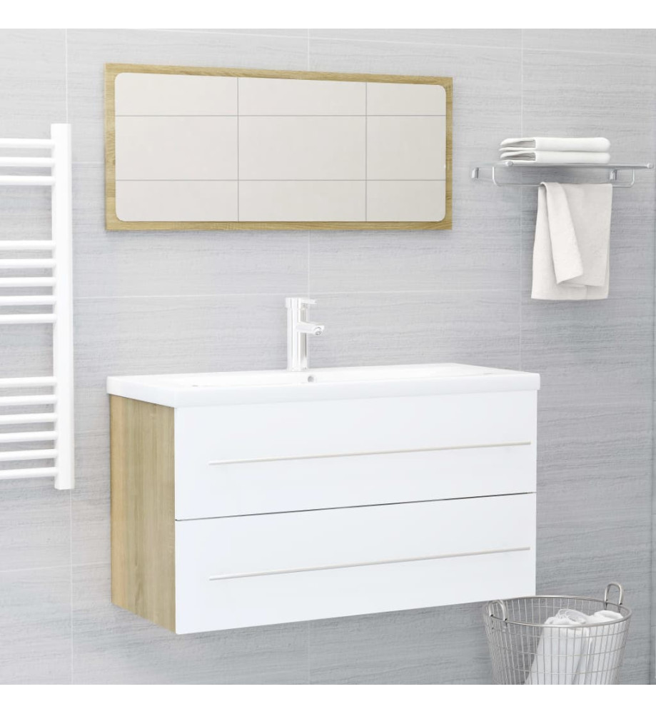 Ensemble de meubles de bain 2 pcs Blanc/chêne sonoma Aggloméré