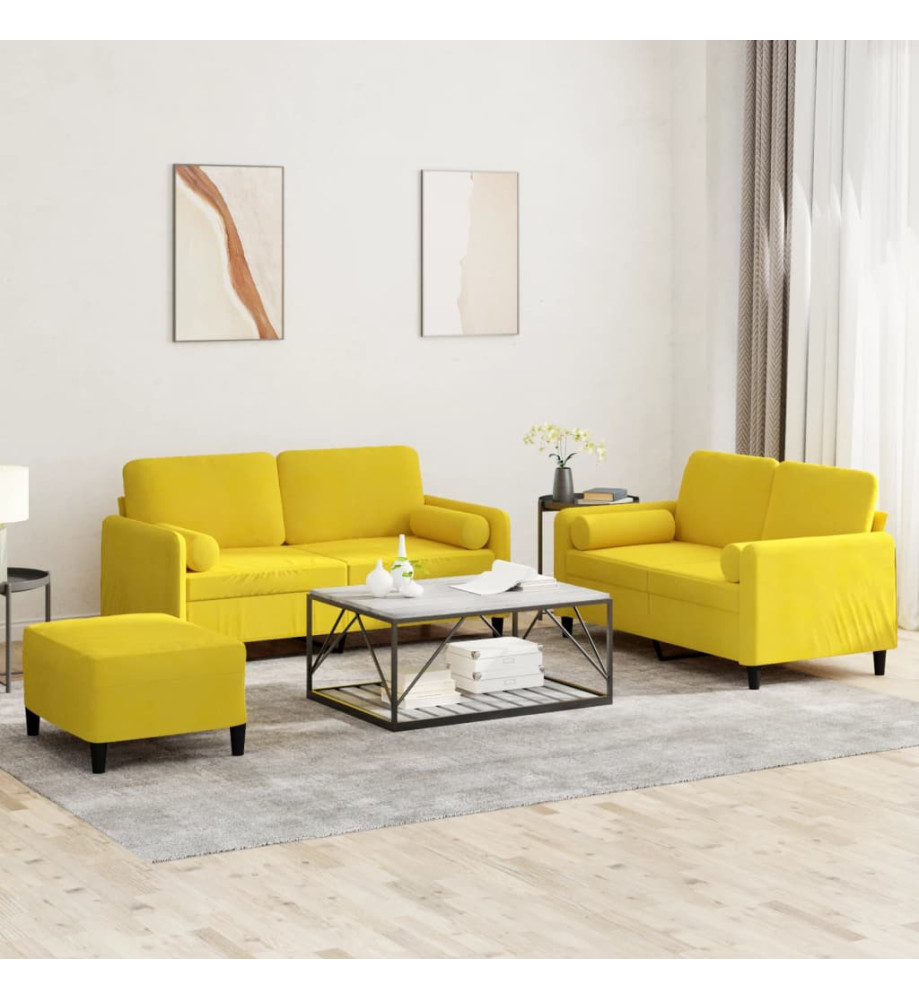 Ensemble de canapés 3 pcs avec coussins jaune velours