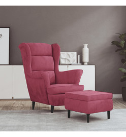 Fauteuil à oreilles avec tabouret bordeaux velours