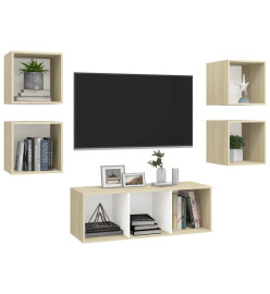 Ensemble de meuble TV 5 pcs Blanc et chêne sonoma Aggloméré