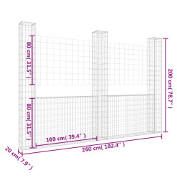 Panier de gabion en forme de U avec 3 poteaux Fer 260x20x200 cm