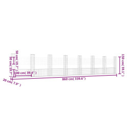 Panier de gabion en forme de U avec 8 poteaux Fer 860x20x150 cm