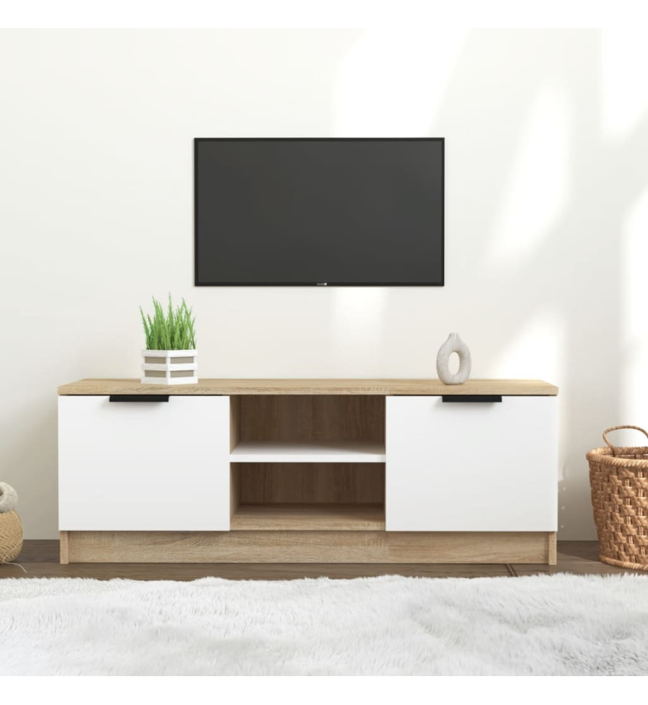 Meuble TV Blanc et chêne sonoma 102x35x36,5cm Bois d'ingénierie