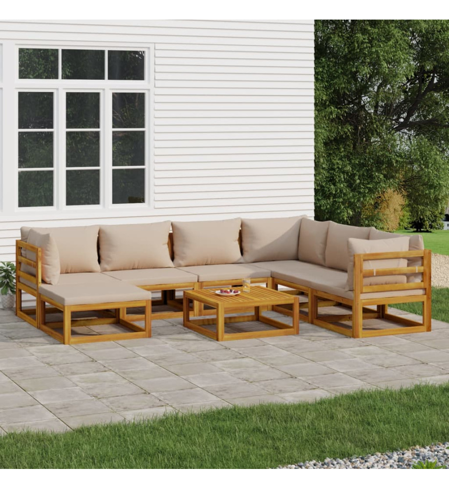 Salon de jardin 8 pcs avec coussins taupe bois massif