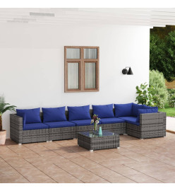 Salon de jardin 7 pcs avec coussins résine tressée gris