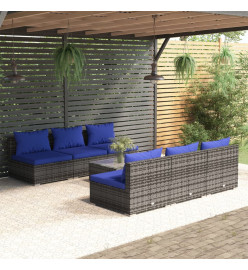 Salon de jardin 7 pcs avec coussins résine tressée gris