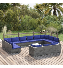 Salon de jardin 14 pcs avec coussins Gris Résine tressée