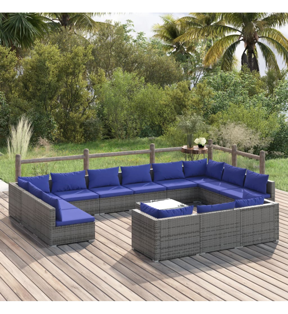 Salon de jardin 14 pcs avec coussins Gris Résine tressée Salon de jardin 14 pcs avec coussins Gris Résine tressée