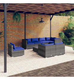 Salon de jardin 9 pcs avec coussins Résine tressée Gris