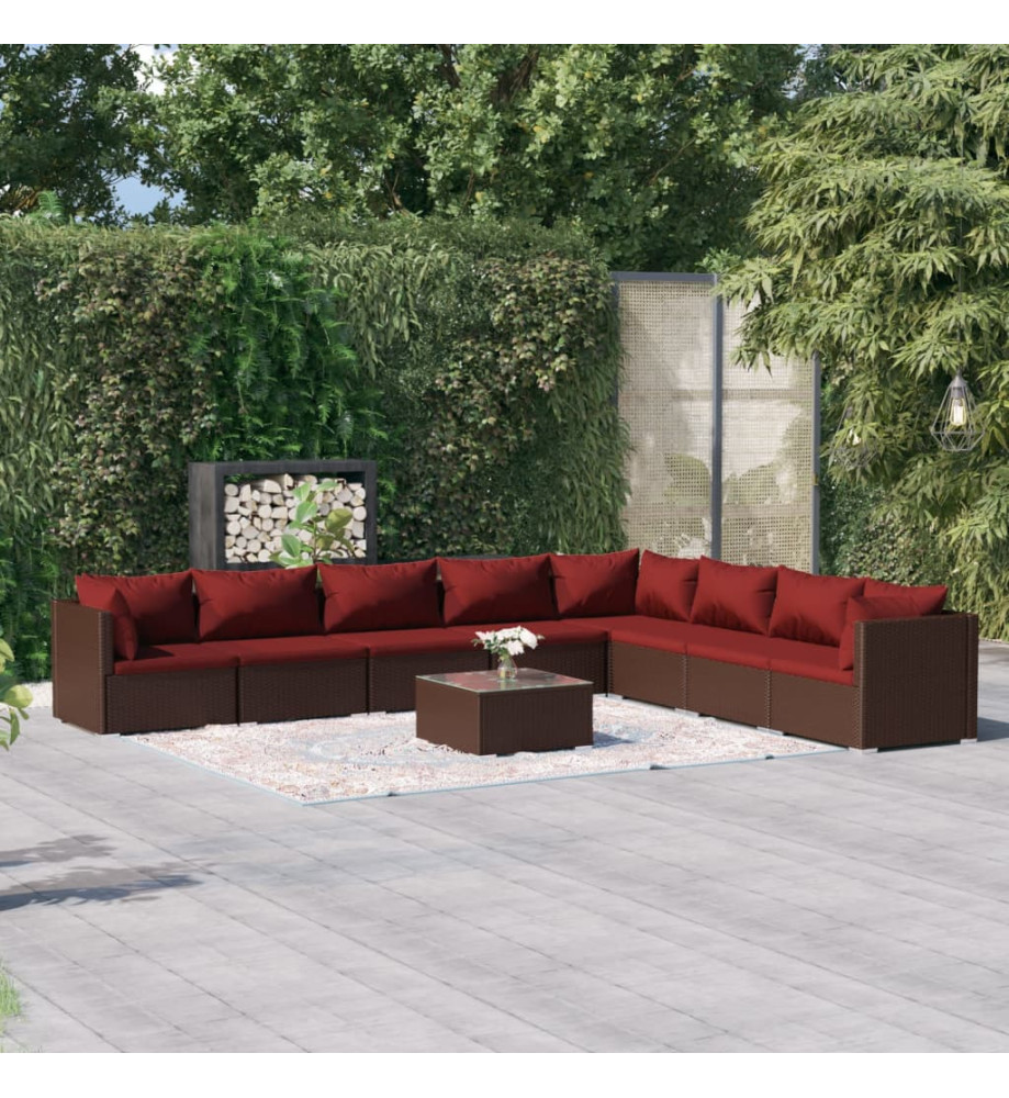 Salon de jardin 9 pcs avec coussins résine tressée marron Salon de jardin 9 pcs avec coussins résine tressée marron