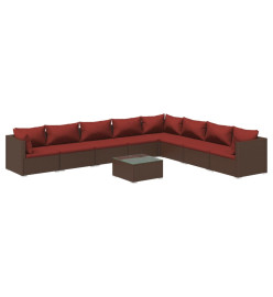 Salon de jardin 9 pcs avec coussins résine tressée marron