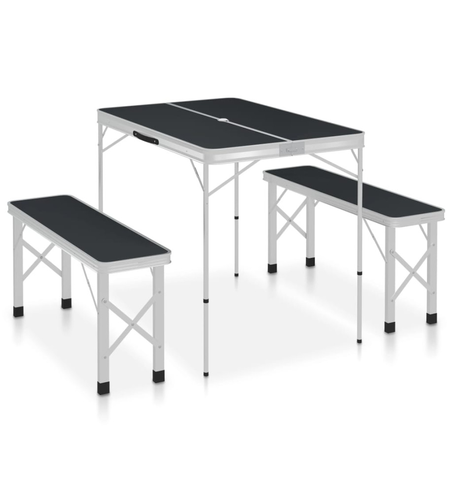 Table de camping pliable avec 2 bancs Aluminium Gris