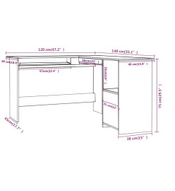 Bureau d'angle en forme de L Gris 120x140x75 cm Aggloméré