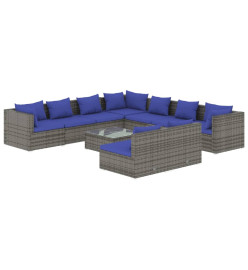 Salon de jardin 10 pcs avec coussins Gris Résine tressée