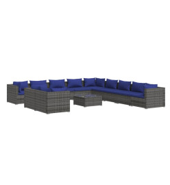 Salon de jardin 12 pcs avec coussins Gris Résine tressée