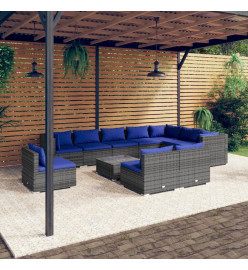 Salon de jardin 11 pcs avec coussins Résine tressée Gris