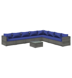 Salon de jardin 9 pcs avec coussins Résine tressée Gris