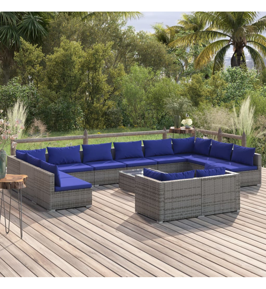Salon de jardin 13 pcs avec coussins Gris Résine tressée Salon de jardin 13 pcs avec coussins Gris Résine tressée